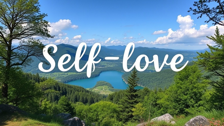 A scenic image promoting emotional wellness with self-love keywords.