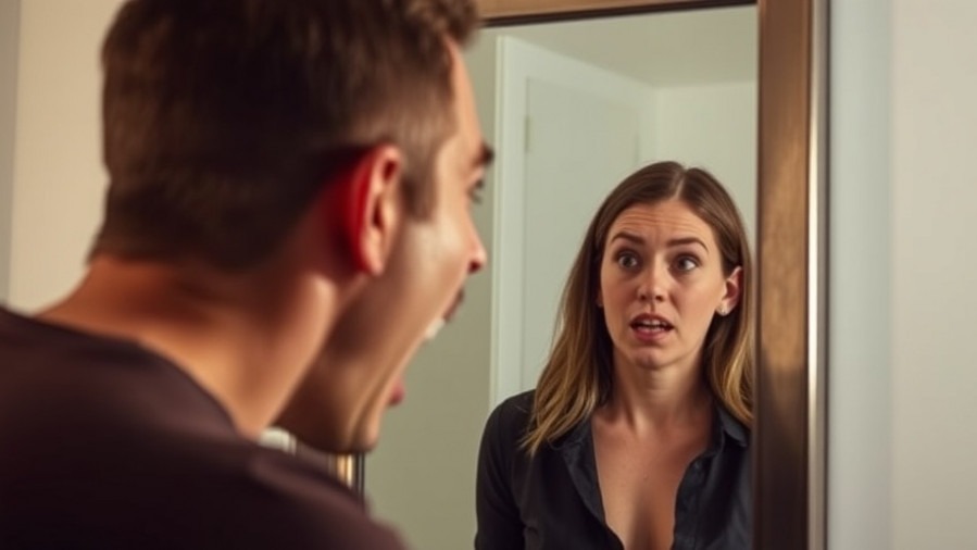 A man yells into a mirror; his startled partner's reflection highlights mental wellness.