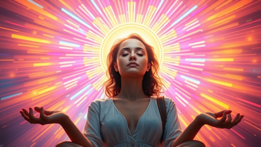Calm woman meditating, embracing emotional wellness with a vibrant aura.
