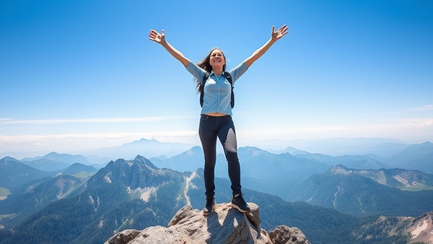 Woman celebrating trauma recovery on mountain peak, arms raised in joy.