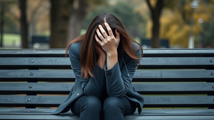 Young woman on a park bench showing signs of mental wellness struggle.
