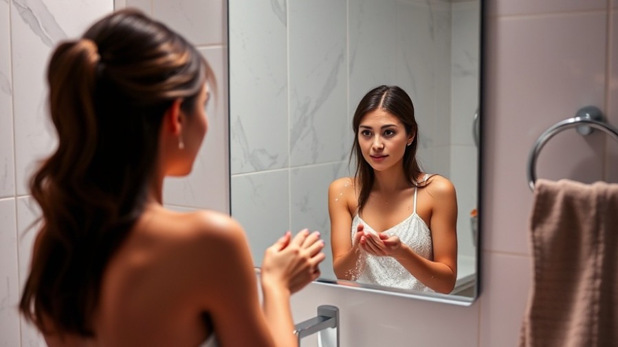 Woman reflecting on emotional wellness while washing hands in bathroom mirror.