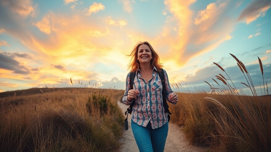 Woman in her 40s joyfully walking on a trail, embodying emotional wellness and personal growth.