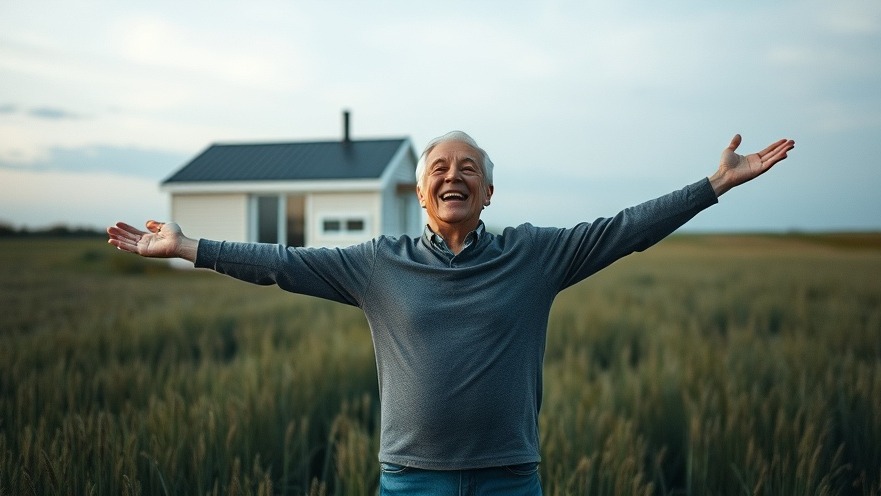 Joyful older individual embracing sustainable living in front of a modern tiny house.