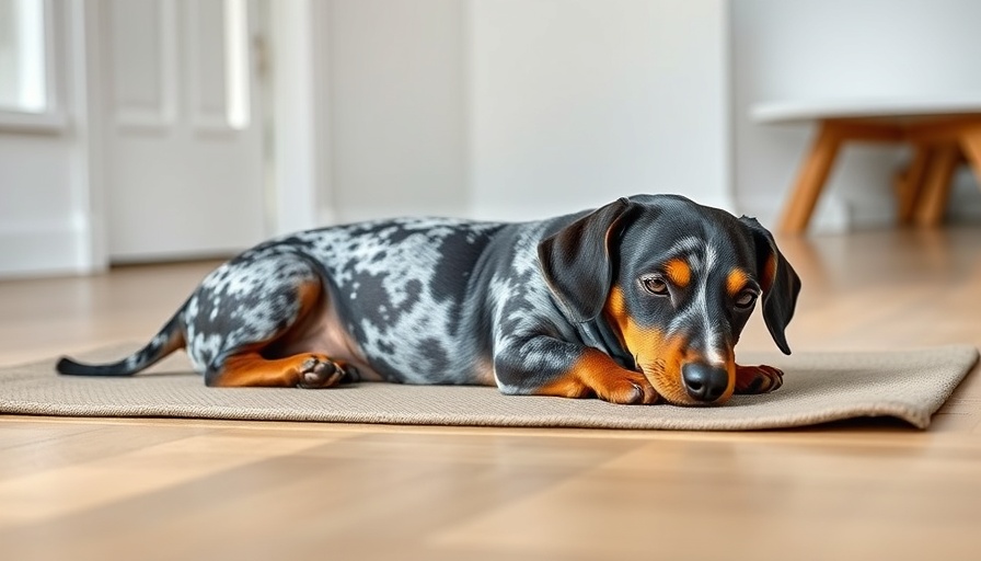 Speckled dachshund lounging comfortably on a mat, evoking coziness.