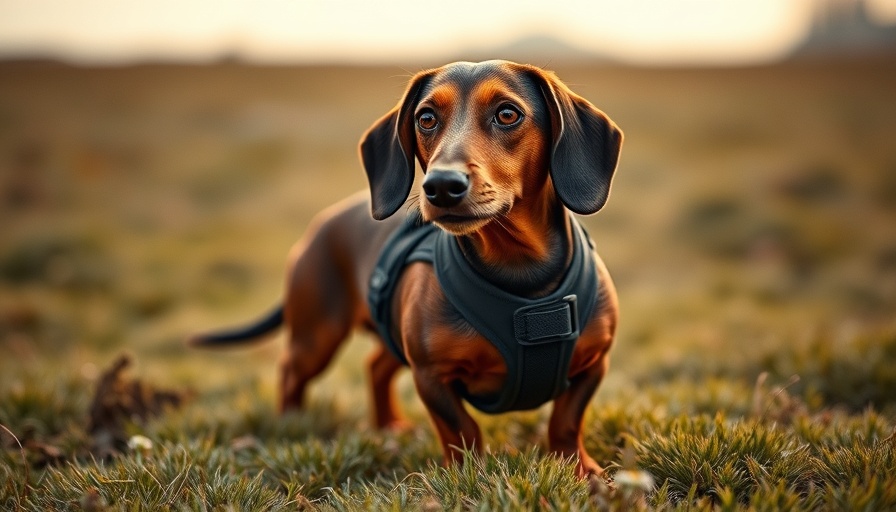 Dachshund with mobility aid in field, highlighting IVDD support.