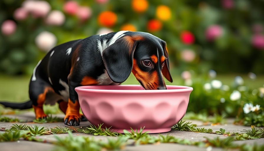 Dachshund drinking water from a pink bowl in a garden setting.