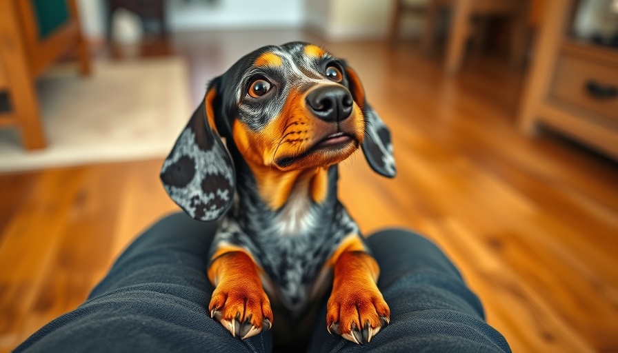Dachshund showing clinginess, paws on owner's knees, indoors.