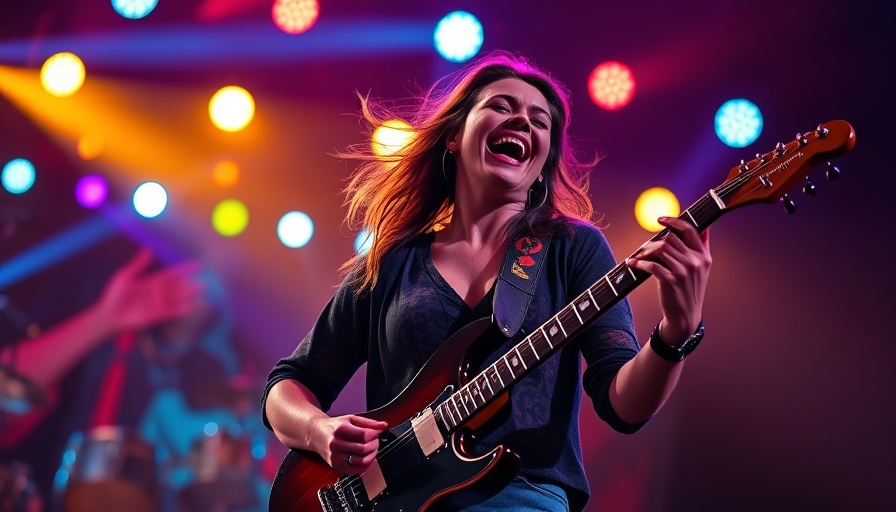 Energetic performer on stage with colorful lights, guitar in hand.
