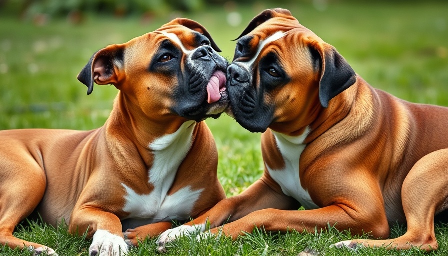Two boxers showing dog communication and licking behavior in a garden.