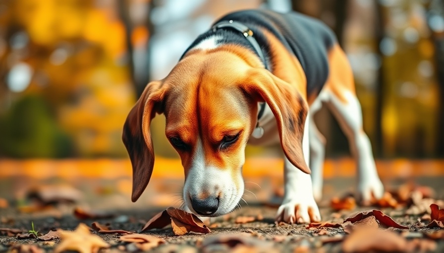 Curious beagle sniffing the ground in a park.