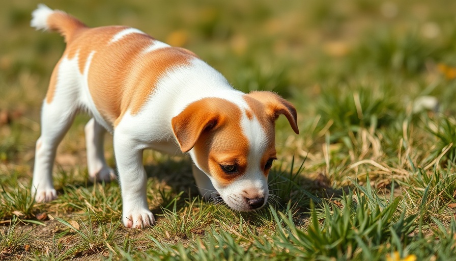 Dog sniffing ground in a grassy field, exploring behavior.