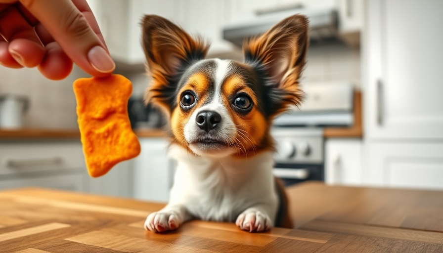 Papillon dog reaches for healthy homemade dog treat in kitchen.