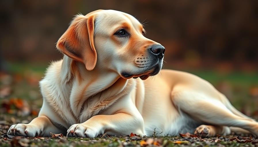 Calm golden Labrador lying down outdoors, related to best dog food for dogs with muscle problems.