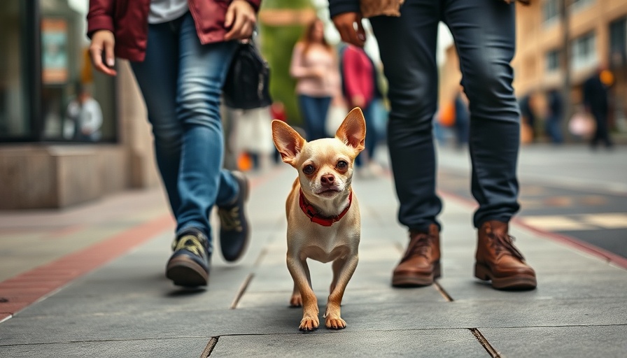 Chihuahua socialization with two people in urban setting.
