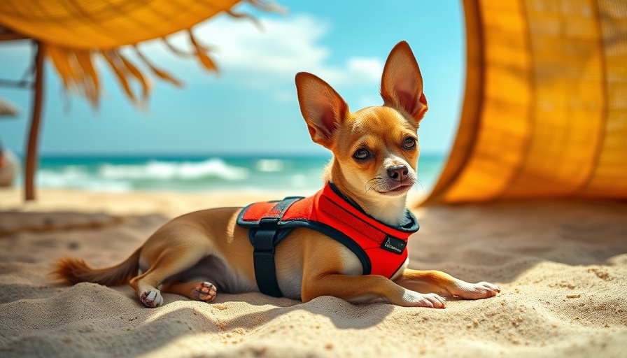 Chihuahua enjoying a sunny beach under a shade for summer safety.