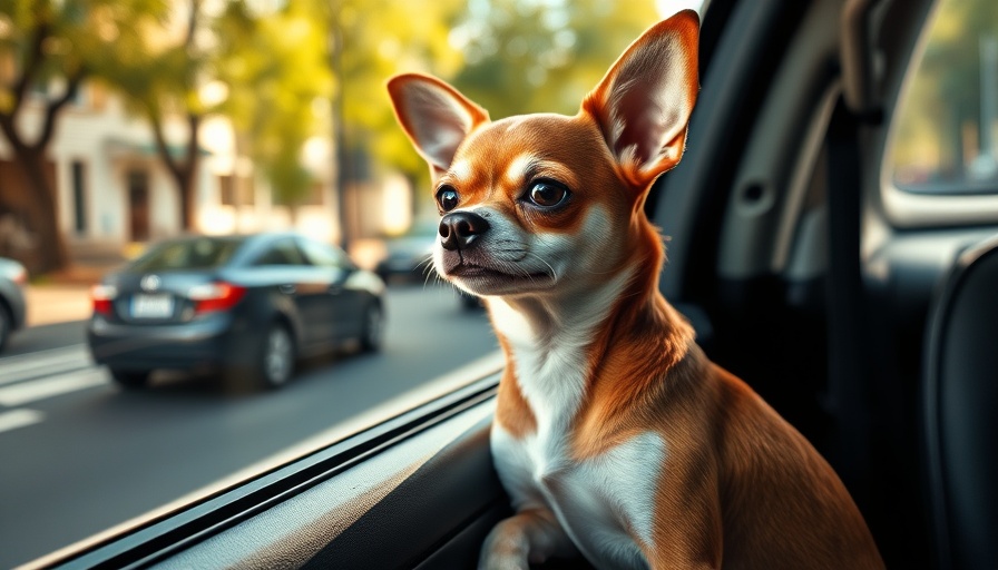 Confident Chihuahua looking out car window on a sunny day.
