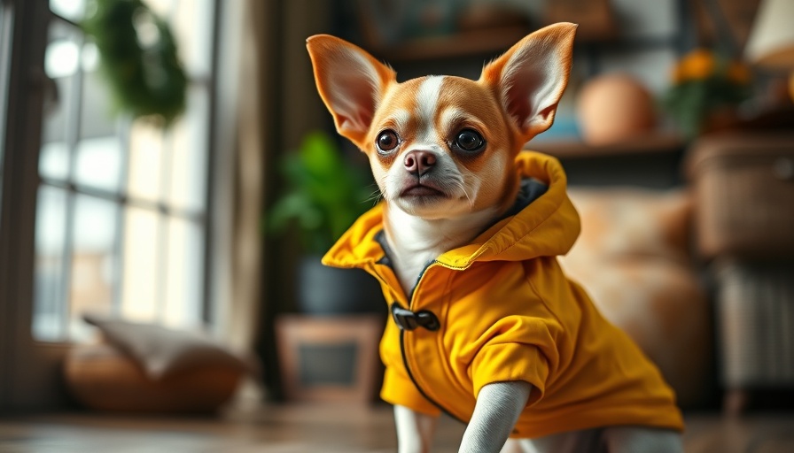 Adorable Chihuahua highlighting household dangers; wearing yellow coat indoors.