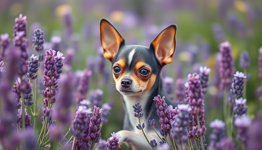 Chihuahua in lavender field with text on herbs for chihuahuas.