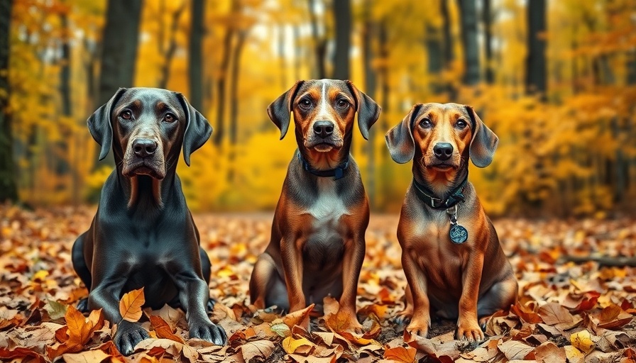 Three dogs in autumn forest for dog grooming guide.