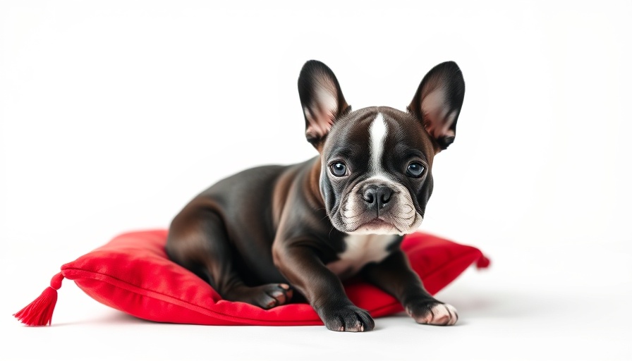 Adorable French Bulldog puppy on a red pillow for deinfluencing dog owners.
