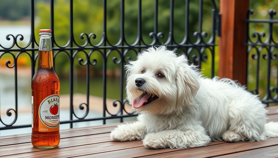 Fluffy white dog with bottle on wooden deck, dog cocktails theme.