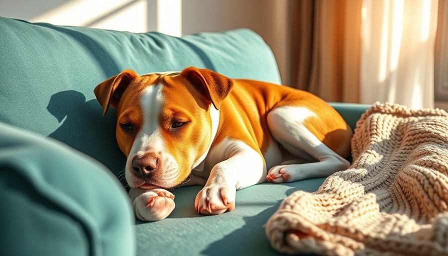 Dog relaxing on sofa in sunlight, cozy ambiance, traveling with dogs.