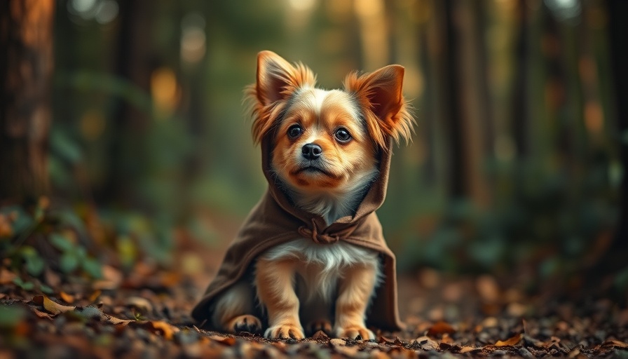 Adorable dog in cloak, reminiscent of Lord of the Rings, in a forest.