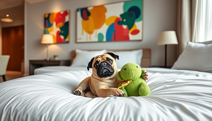 Pug in hotel room with toy, traveling with dogs.