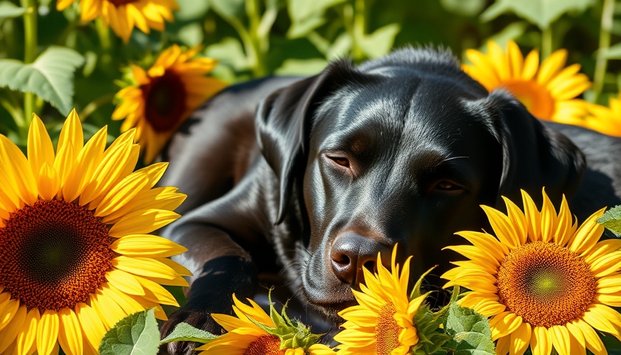 Shiny black dog with sunflowers, related to dog arthritis treatment.