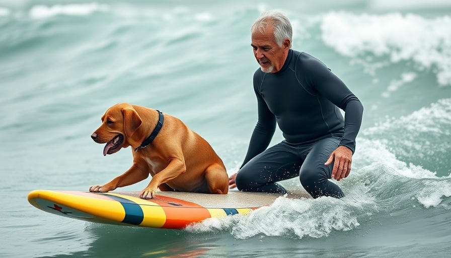 Dog surf lessons with man and Labrador on colorful surfboard.