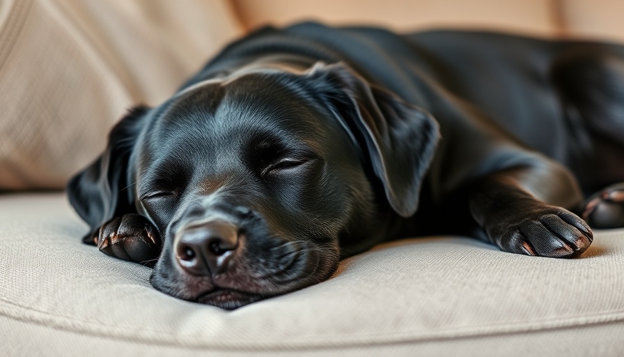 Senior black dog resting on a couch with a serene expression.