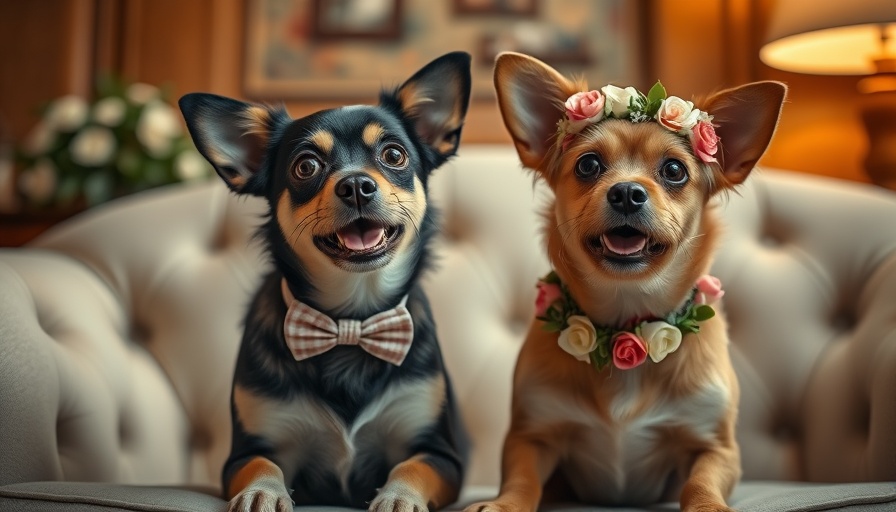 Dogs dressed for a wedding on a sofa, enjoying the Dog Wedding Experience.
