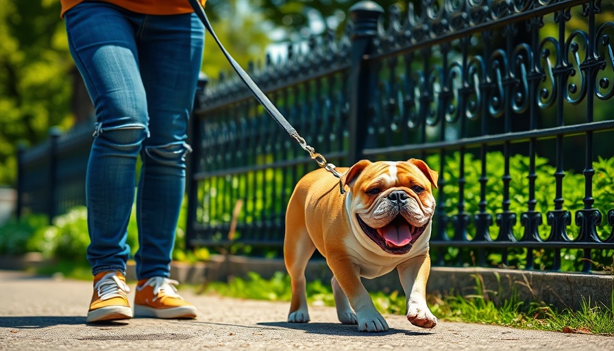 Person walking a bulldog in the park on a sunny day, traveling with dogs.