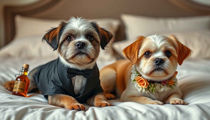 Traveling with dogs - dressed-up pets elegantly relaxing indoors.