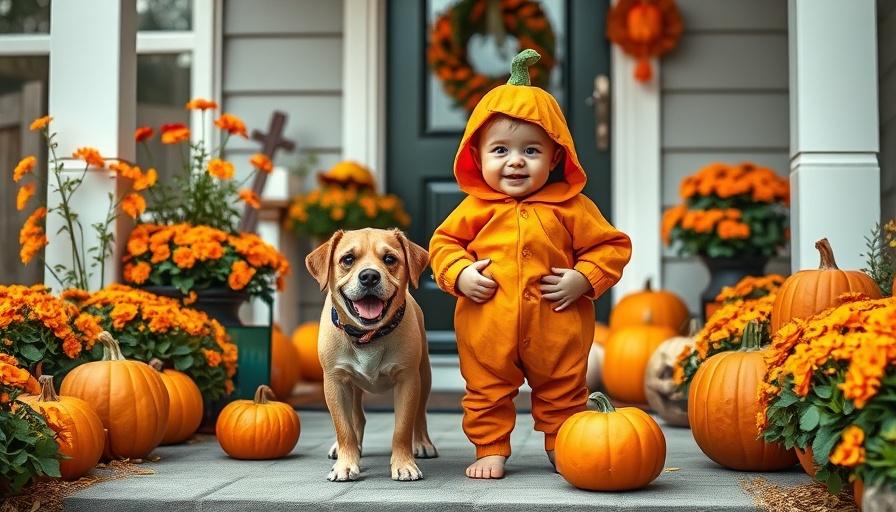 Festive Halloween porch with child in costume and happy dog engaging in seasonal fun.