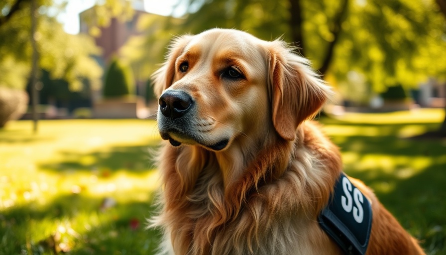 Golden retriever service dog sitting in a sunny park.