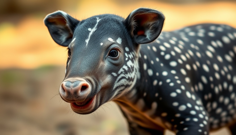 Close-up of a Malayan tapir calf with a speckled coat.