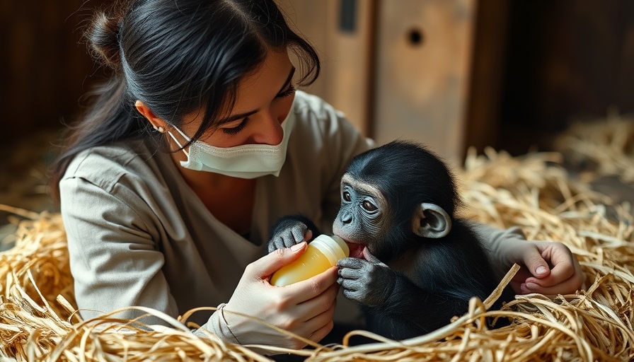 Chimpanzee conservation: caretaker feeds baby chimp a bottle.