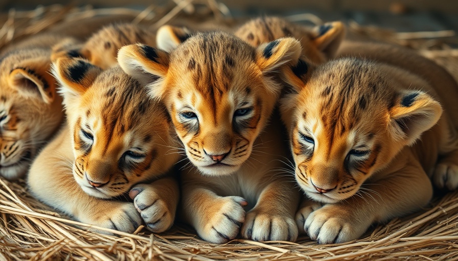 New North African lion cubs resting in straw bedding, adorable and lifelike.
