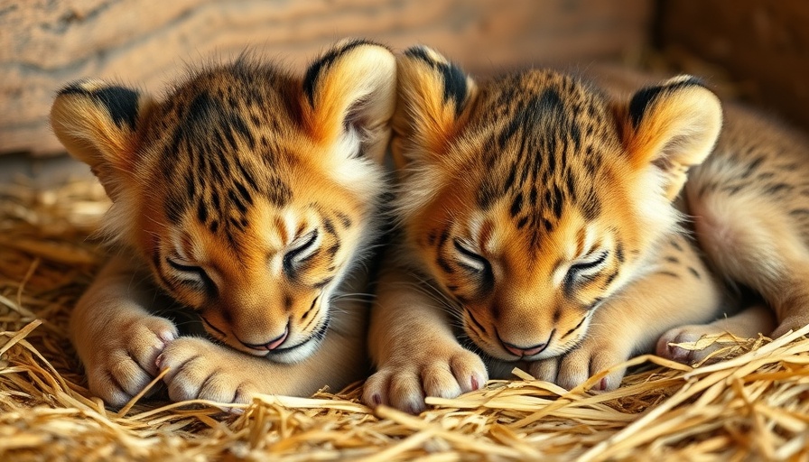 Northern African lion cubs in conservation setting, sleeping on straw.