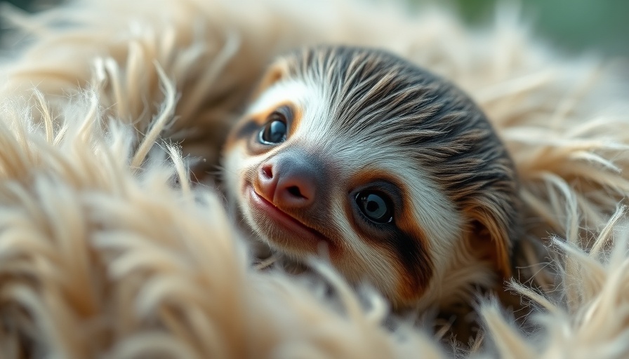 Newest baby animals: adorable baby sloth looking curious in fur.