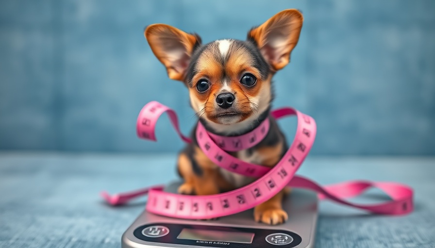 Small dog on scale with measuring tape, highlighting obesity in dogs.