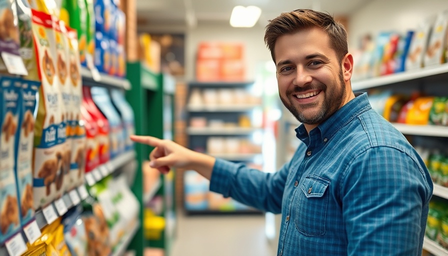Man in pet store pointing at Rooted Owl pet food display.