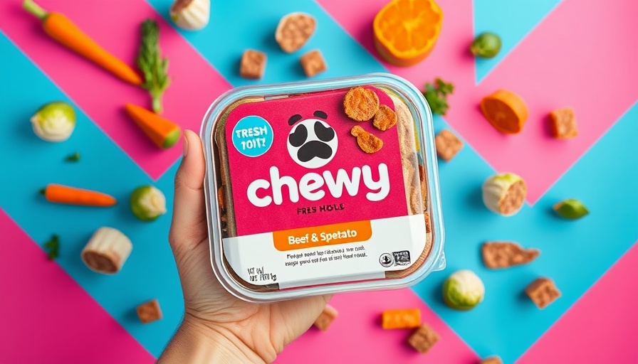 Chewy fresh pet food: vibrant package with floating ingredients.