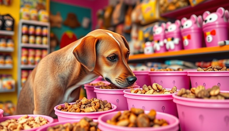 Dog exploring Woof Gang Bakery's treat display.