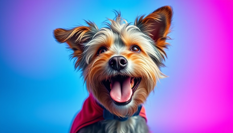 Quirky scruffy dog actor posing playfully in bright neon background.