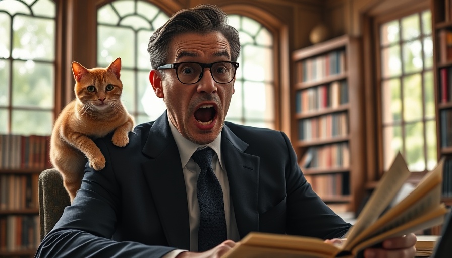 Surprised man with ginger cat on shoulder during live TV interview.