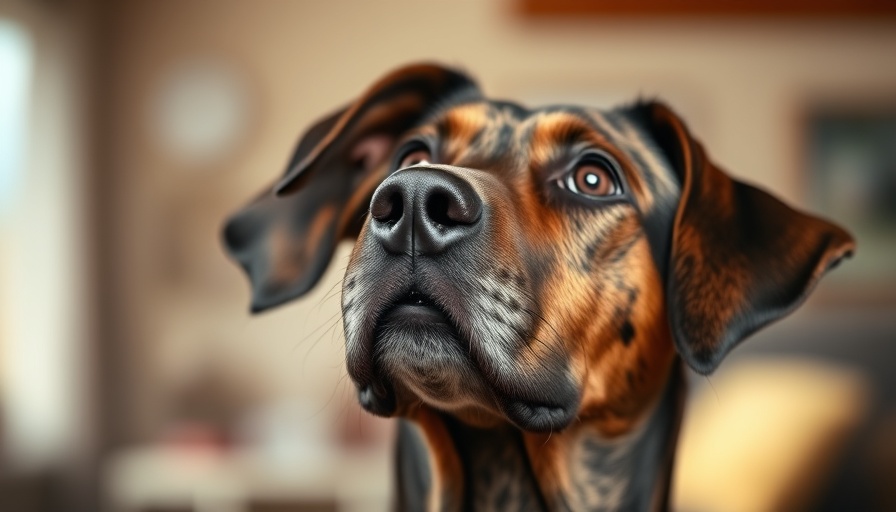 Soulful dog waiting for petting in a warm setting.