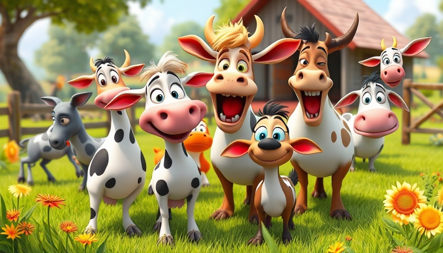 Funny cartoon farm animals in playful antics on a vibrant farm.
